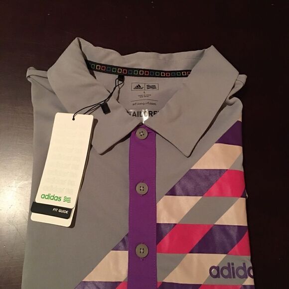 New Adidas Color Block Gray Purple pink Polo Shirt L Tidewater N Myrtle Beach - Picture 1 of 9